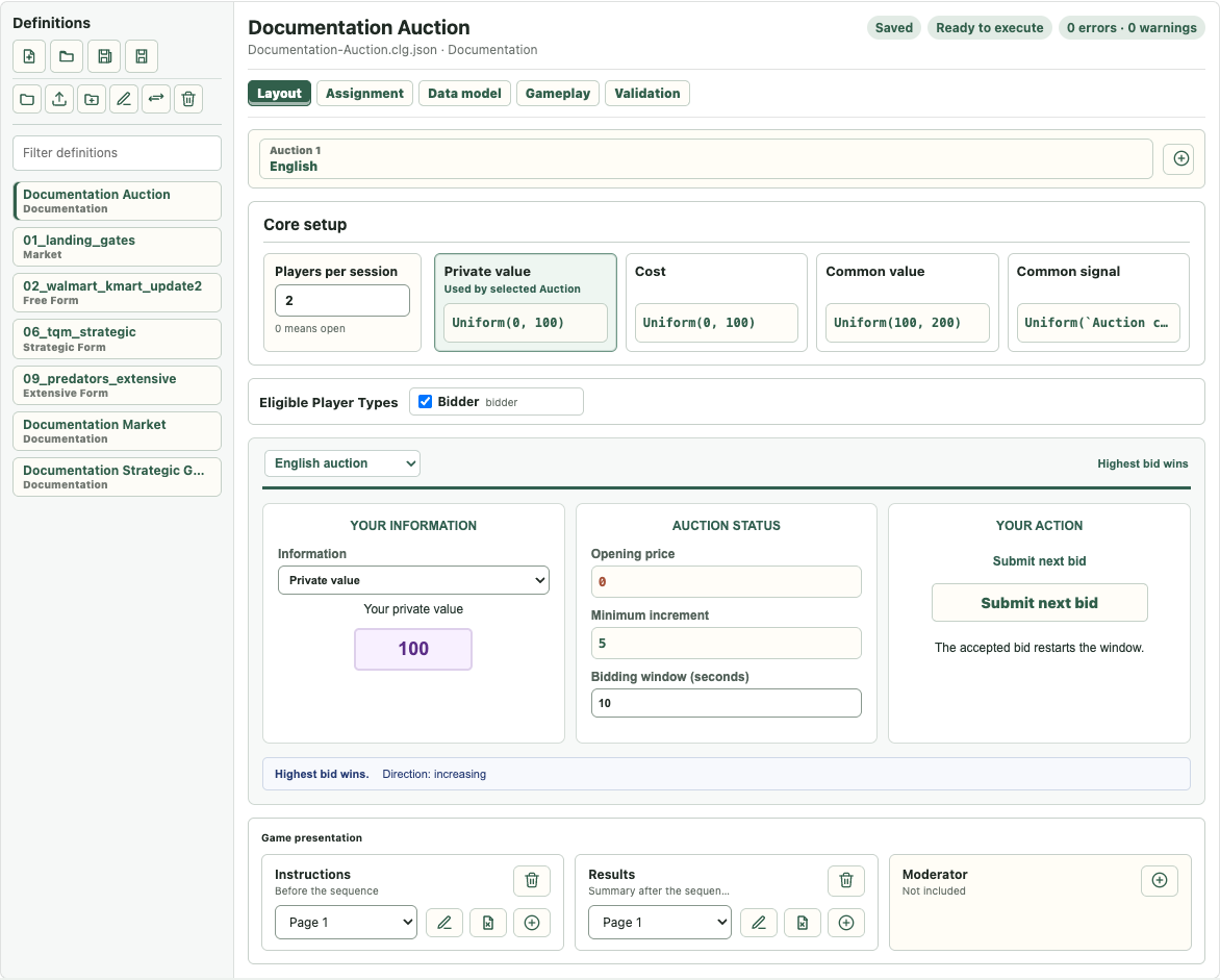 Design workspace with a selected definition